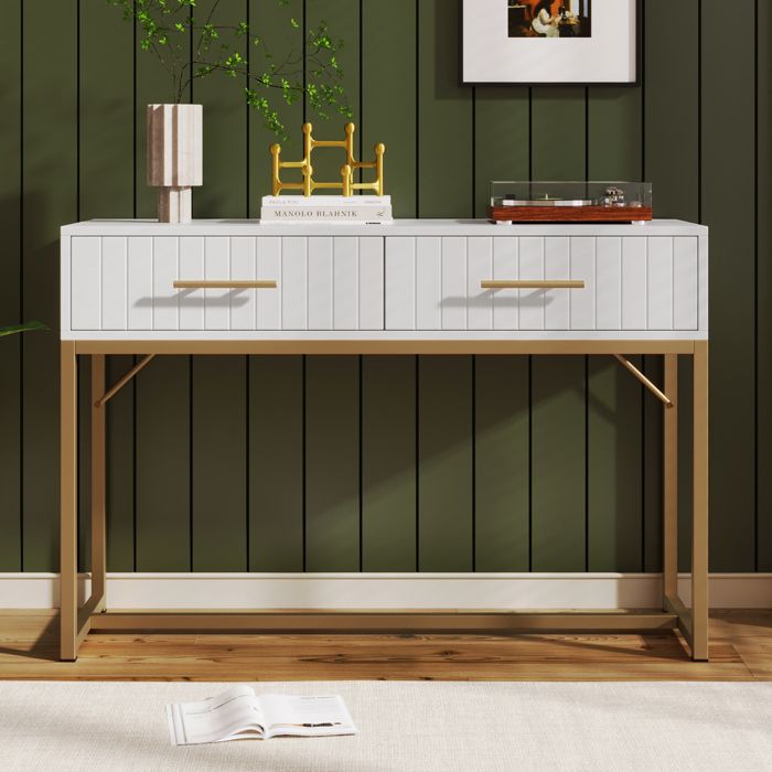 Console d’entrée blanche avec 2 tiroirs et pieds dorés meuble moderne rainuré pour hall et salon 100 x 45 x75 cm