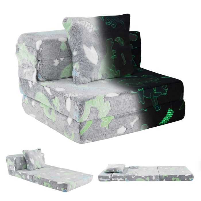 COSTWAY Canapé pour Enfants Phosphorescent 3-en-1 avec Housses Zippées Lavables et Coussin Supplémentaire Convertible Gris
