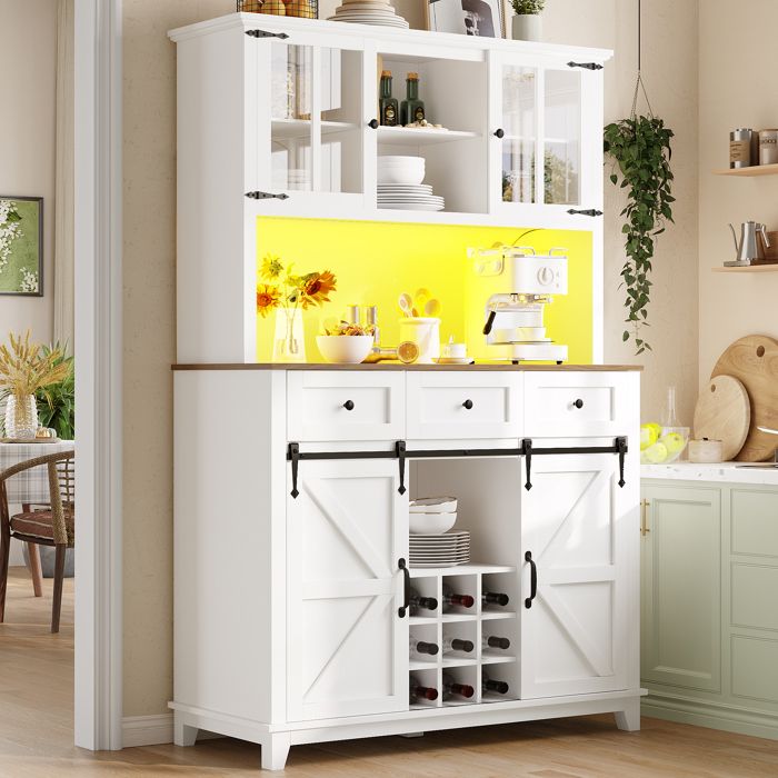 MODENUIT Buffet haut de cuisine 105x38x180 cm avec porte coulissante étagères réglables et éclairage LED MDF blanc
