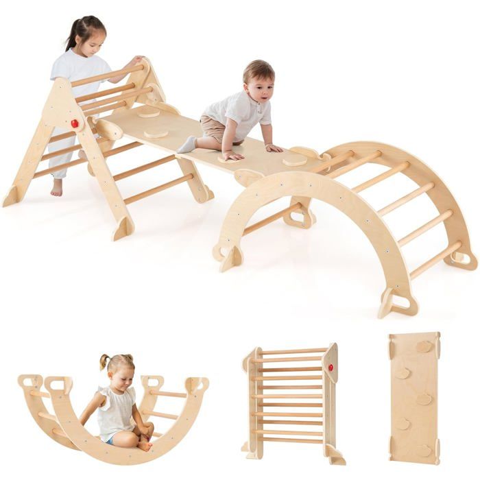 GOPLUS 7 en 1 Triangle Arche Montessori Arche descalade Enfants avec Toboggan Bois Rampe Échelle Réglable pour Tout-Petits 3+
