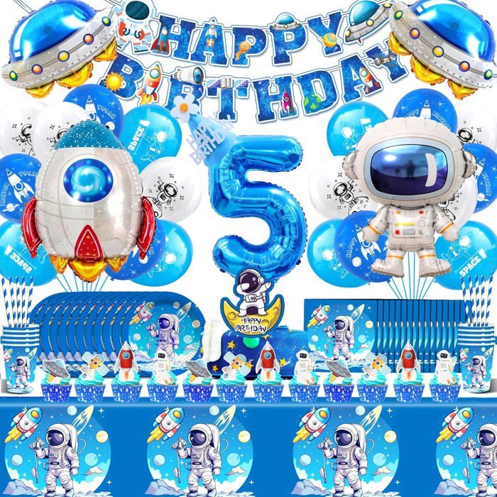 Astronaute Anniversaire Ballon 103Pc 5 Ans Espace Deco Anniversaire Espace Vaisselle Fête Kit avec Nappe Assiette Serviette Fusées