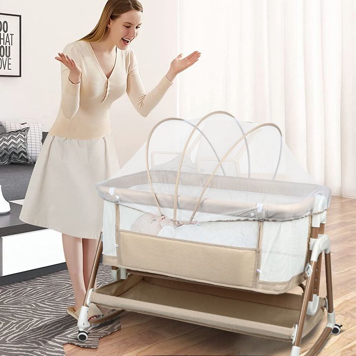 BERCEAU À BASCULE POUR BÉBÉ + BERCEAU - YIYI -  AVEC MOUSTIQUAIRE ET ÉTAGÈRE DE RANGEMENT - 90*60*90-115CM - BEIGE