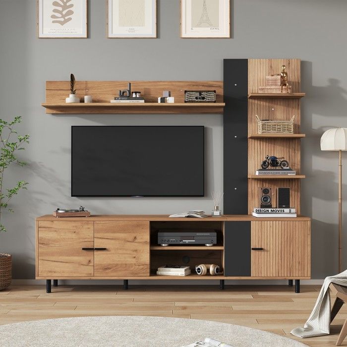 Ensemble Meuble TV Mural 187 5x40x167cm Bois&Noir Vitrine 3Placards Étagères Modulable Support TV Jusquà 80Pouces Multimédia Salon Ensemble Meuble TV Mural 187 5x40x167cm Bois&Noir Vitrine 3Placards Étagères Modulable Support TV Jusquà 80Pouces Multimédia Salon