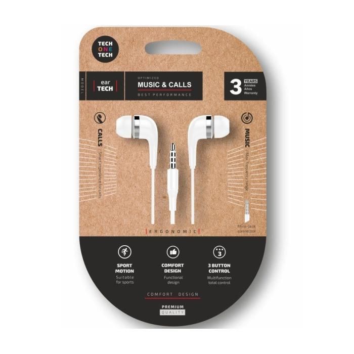 Écouteurs Tech One Tech soft earTECH filaires Jack 3.5 mm avec micro blancs - vue 1
