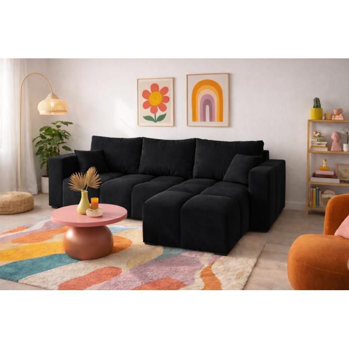 Canapé d’angle convertible 4 places COLINIA en tissu noir - 249 cm ...