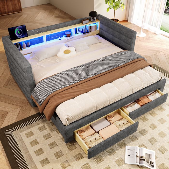 Lit Gigogne 90x190 cm - Lit Simple avec 2 Tiroirs et Étagères - LED et Ports USB Intégrés - Multifonction en Velours Gris