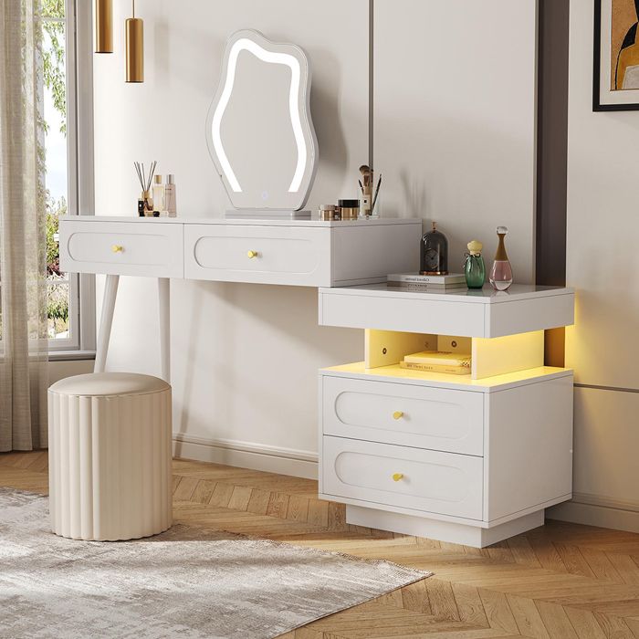 Coiffeuse - L140 x P40 x H130 cm - Miroir LED tactile 3 niveaux - 4 tiroirs - Blanc