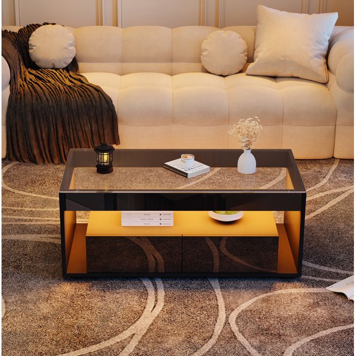 Table basse LED noire 100 x 50 x 40 cm verre trempé 2 tiroirs rangement double niveau