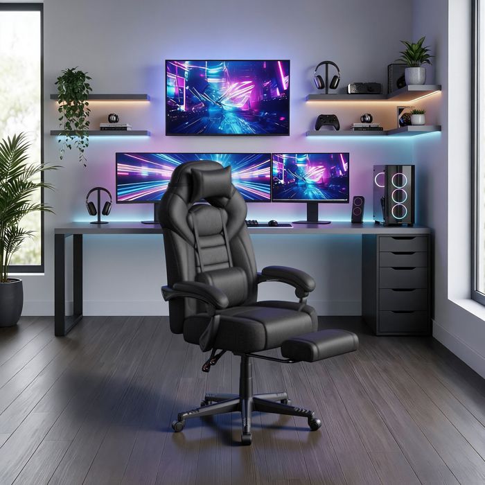 Fauteuil de Bureau Ergonomique avec Support Lombaire Chaise Gaming en Suédine Coussin de Tête Réglable Noir