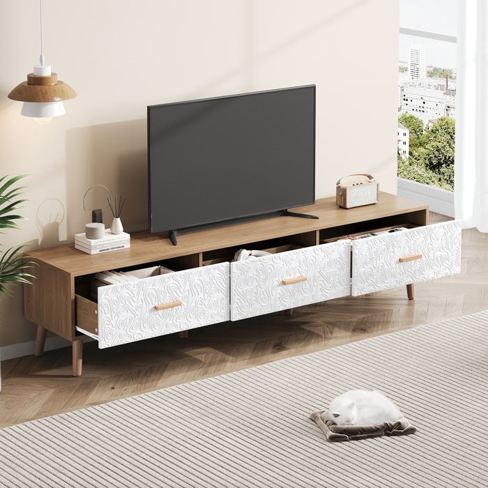 Meuble TV Bas Vintage avec 3 Tiroirs - ELVMI - Pieds en Bois Massif Blanc et Bois Clair 150 × 35 × 39 cm