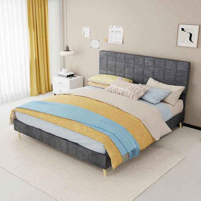 NuvlaGu – Lit double rembourré 160×200 cm lit plateforme avec tête de lit Pour aux chambres principales ou appartement Gris