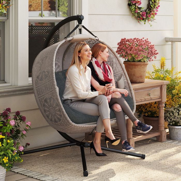 Fauteuil suspendu avec support œuf 2 personnes sable et noir coussin amovible lavable intérieur extérieur