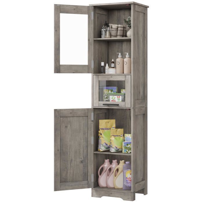 Garvee Colonne de salle de bain haute 5 étagères réglables et 1 tiroir en MDF hydrofuge porte vitrée gris