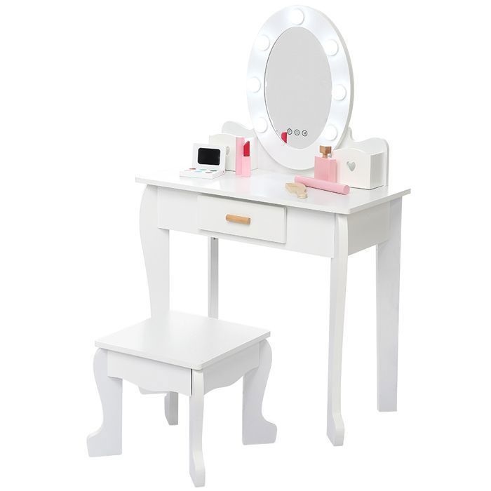 GARVEE Coiffeuse enfant avec miroir lumineuxneux et tabouret – Ensemble maquillage en bois-pour filles 4-9 – Blanc-–94x40x30cm
