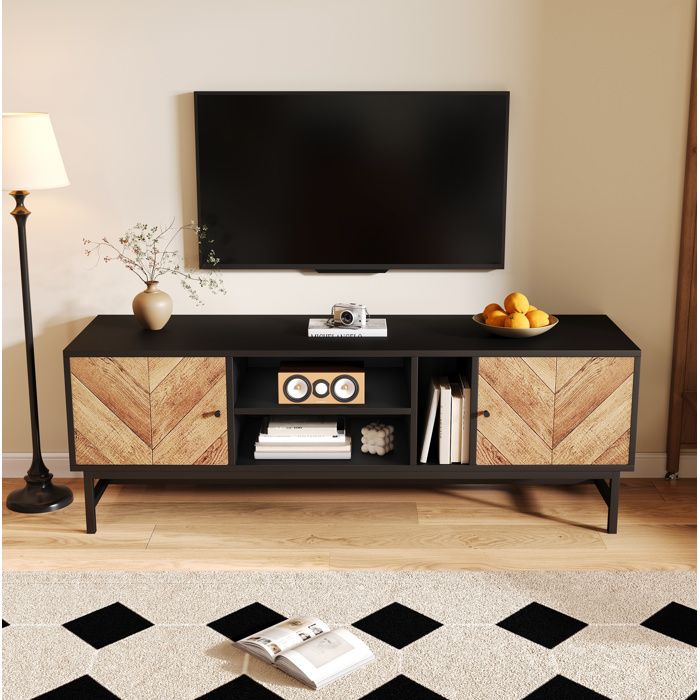 ROVRYN Meuble TV 150 cm noir et aspect bois 2 portes 2 niches horizontales et 1 niche verticale