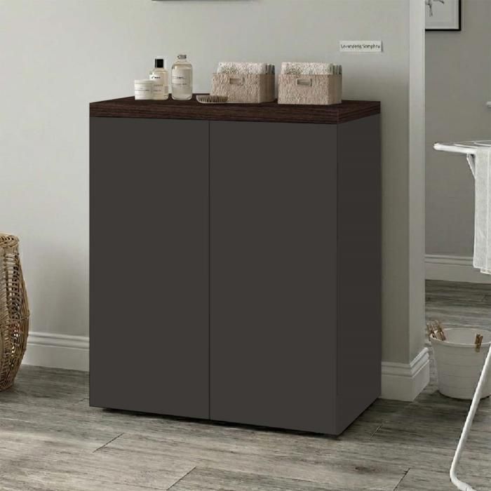 Meuble Bas de Buanderie 2 Portes Graphite Mat et Orme Café H91x71 cm Meuble Bas de Buanderie 2 Portes Graphite Mat et Orme Café H91x71 cm