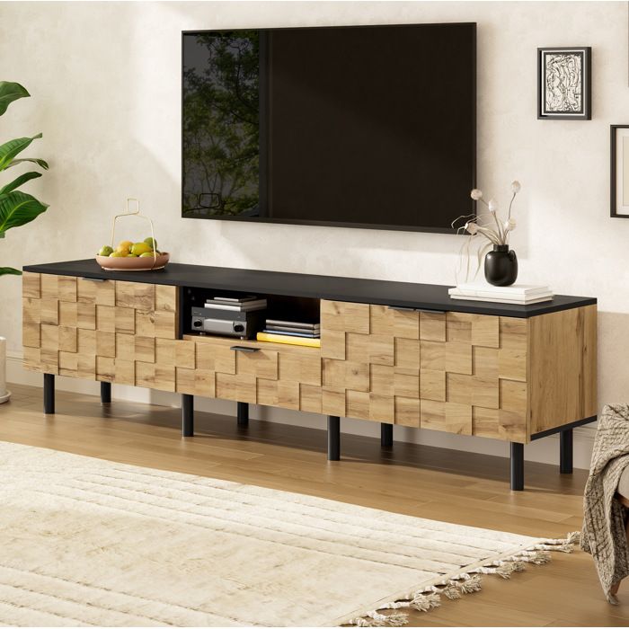 WOVREO Meuble TV 170 cm avec 2 portes 1 tiroir niche ouverte passe-câble aspect bois naturel et noir