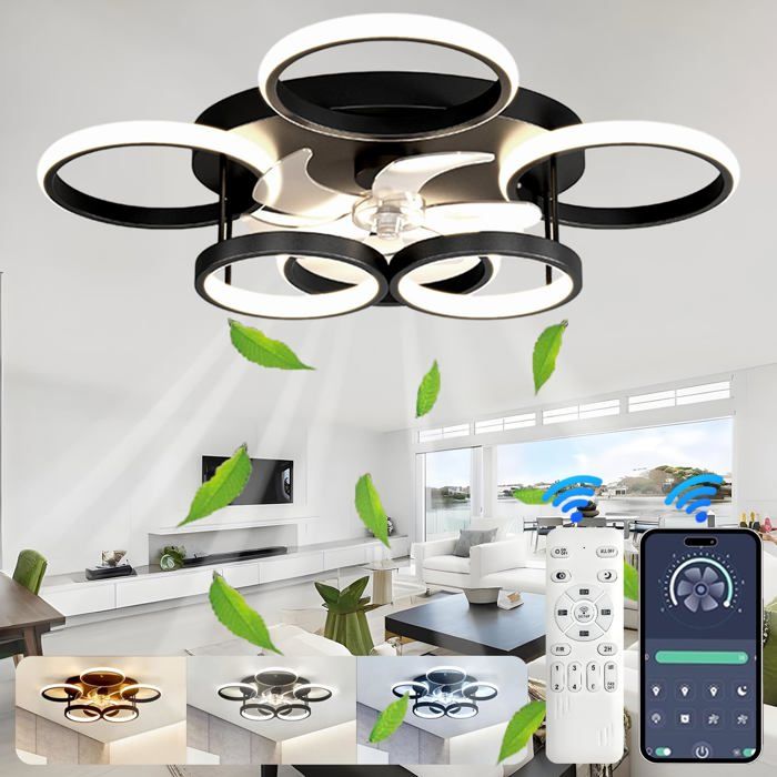 72W Dimmable Plafonnier Ventilateur Plafond Silencieux Lustre LED Design à 6 Anneaux Avec Télécmande et APP VENTILATEUR DE PLAFOND