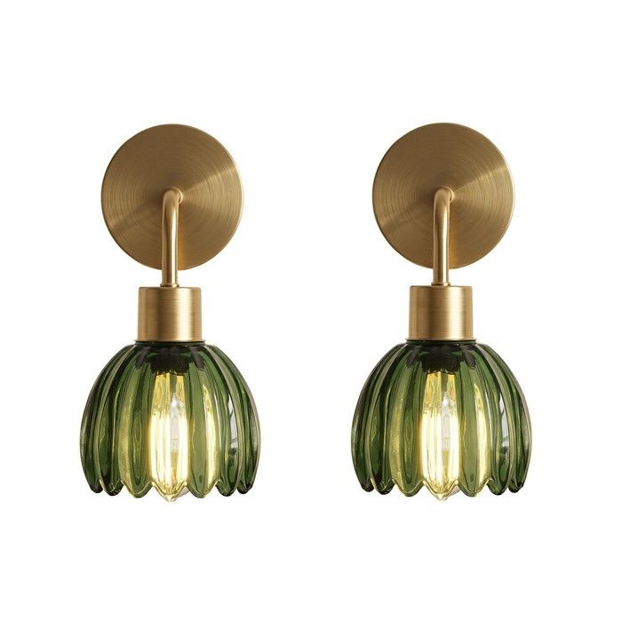 WOTTES 2 x Applique Murale Fleur Vintage Laiton Doré et Verre Vert Lampe Murale E27 Luminaire Salle de Bain Chambre Cuisine