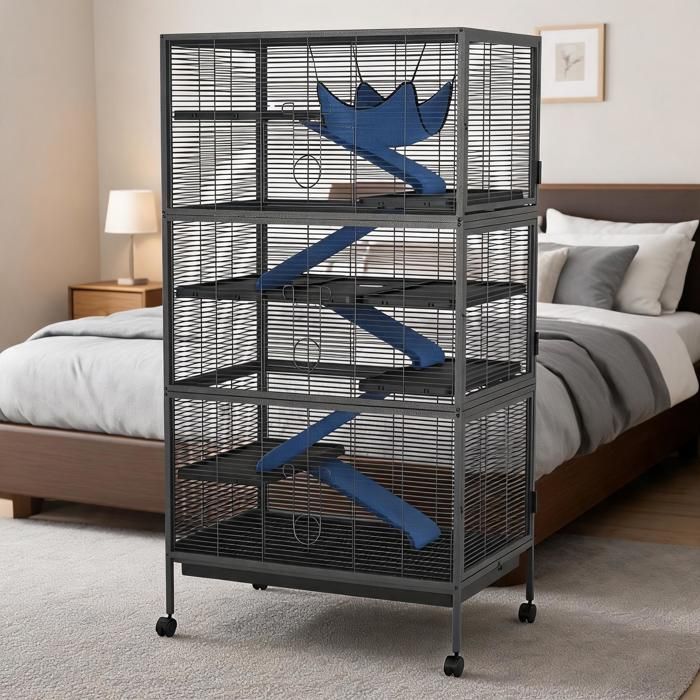 Cage pour petits animaux 6 niveaux – Sur roulettes – Hamac – Bacs amovibles – Portes verrouillables – Pour furets chinchillas