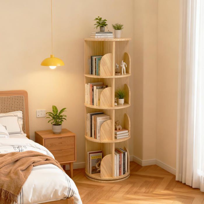Etagère pivotante 360° 4 niveaux Ø39cm H129cm bois angle chambre enfant adulte livres