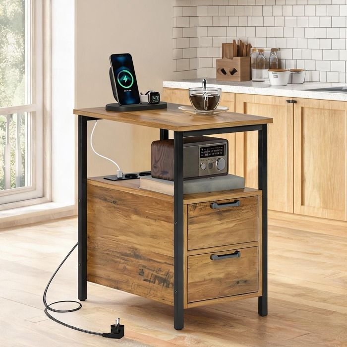 Table dappoint compacte 55x35 cm avec 2 prises USB Type-C 2 tiroirs et étagère panneaux de particules