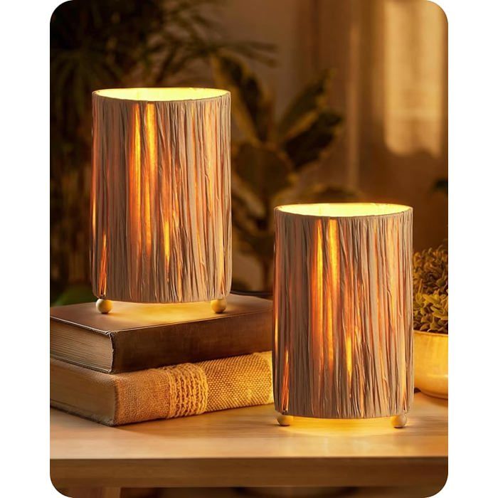 Lot de 2 mpes de chevet boheme rotin pour chambre ampoule LED 4W E27 2400K Incluse avec fils mpe de Papier raphi LAMPE DECORATIVE