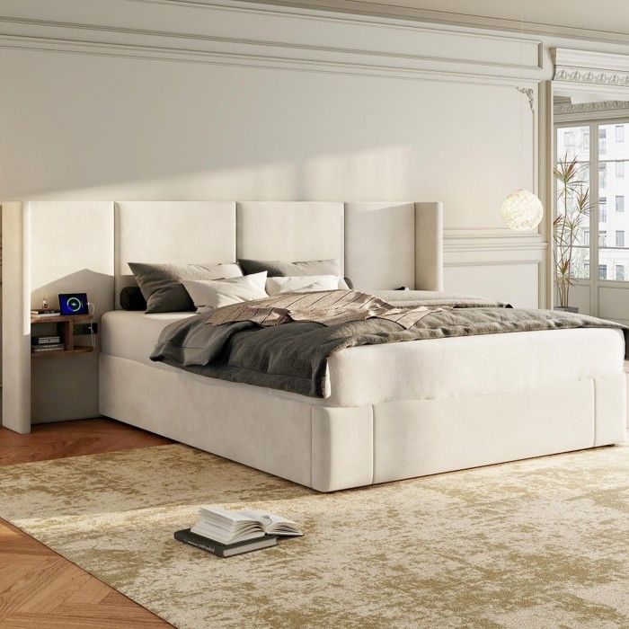 Lit Double Capitonné Beige 160x200-Hydraulique-USB-Prises-2Chevets-Sans Matelas-Confort-Élégant-Grand Espace-Design Moderne Lit Double Capitonné Beige 160x200-Hydraulique-USB-Prises-2Chevets-Sans Matelas-Confort-Élégant-Grand Espace-Design Moderne