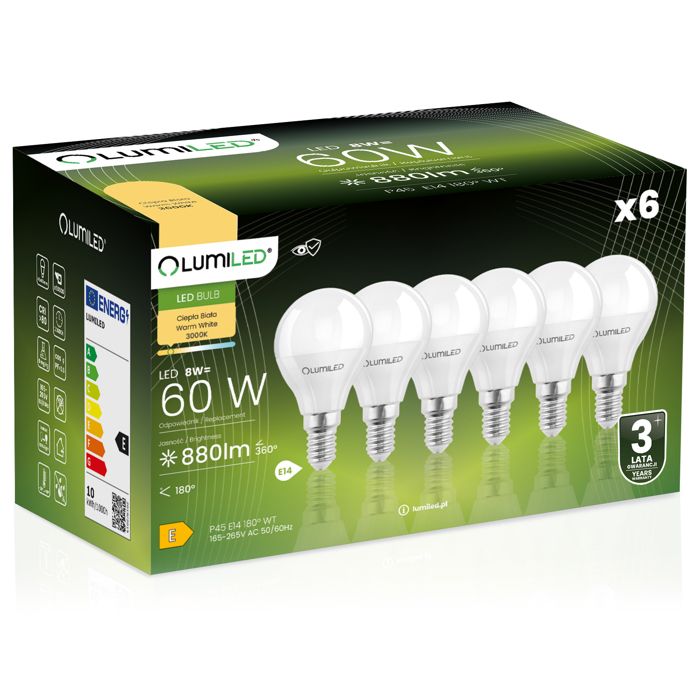 6x Ampoule LED E14 Sphérique P45 8W = 60W 880lm 3000K Blanc chaud 180° LUMILED 6x Ampoule LED E14 Sphérique P45 8W = 60W 880lm 3000K Blanc chaud 180° LUMILED