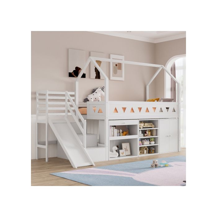 Lit Enfant - WESTYLE - Lit Cabane 90x200 - Bois massif blanc - Toboggan et escalier de rangement - Tiroirs & sommier inclus