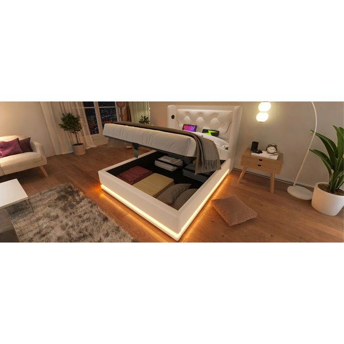 Lit simple 90x200 avec coffre hydraulique LED 3 côtés tête de lit USB et Type-C avec matelas chambre adulte
