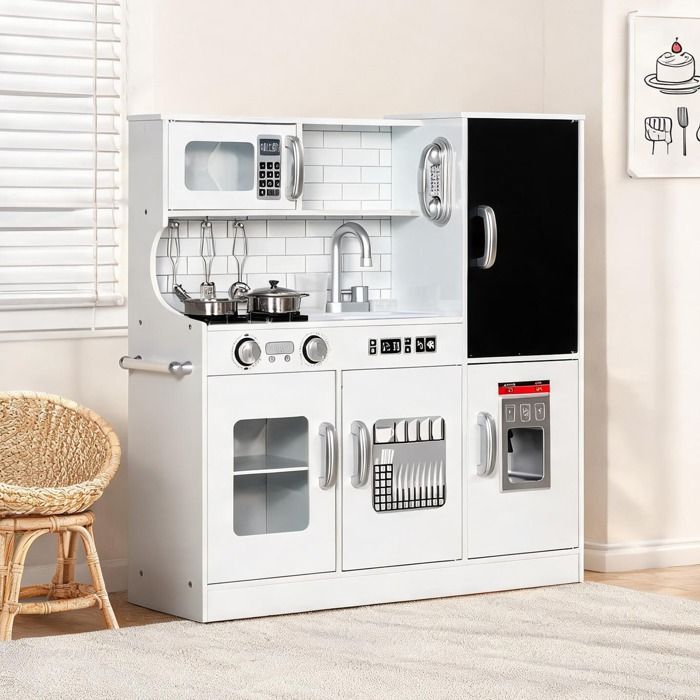 Cuisine jouet en bois pour enfant 3-8 ans clean white avec four micro-ondes machine à glaçons téléphone et tableau noir 84 x