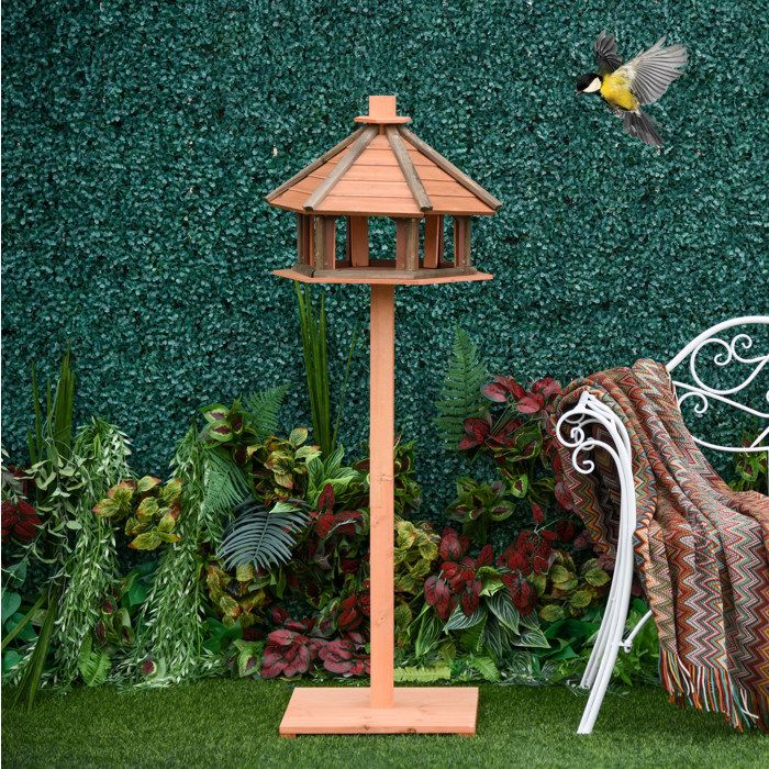 Table-mangeoire pour oiseaux en bois maison sur pied Ø52 x 130 cm naturelle