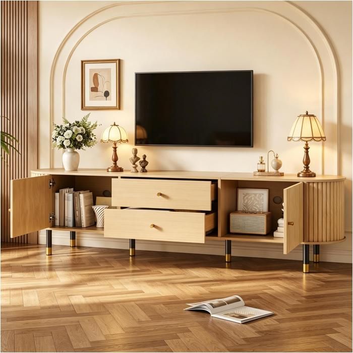 Meuble TV 180 cm - pour TV 75 Pouces - avec 2 Portes Coulissantes et 2 Tiroirs - Banc TV Arrondi Effet Bois Naturel
