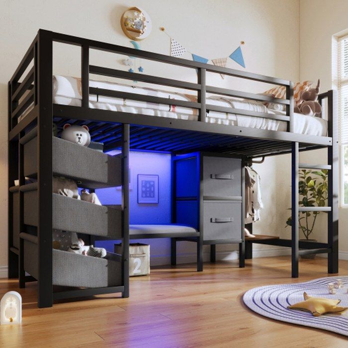 Lit demi-hauteur 90x200 cm noir métal led rgb rangements tissu (tiroir et poche) assise et coussins sans matelas