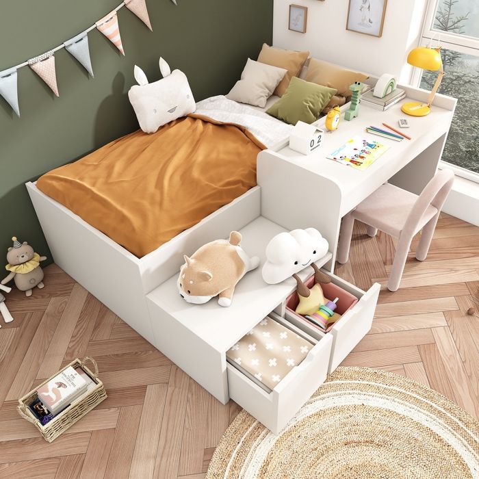 Lit denfant 90x200cm lit Multifonctionnel avec Bureau et 2 tiroirs lit Simple en Bois Massif lit de Rangement avec sommier à Lattes