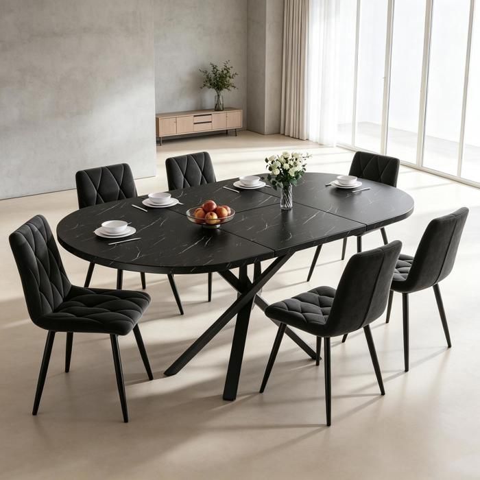 Ensemble Table Salle à Manger avec 4 Chaises en Velours Noir Table Extensible Ronde (100-140cm) pour 4 Personnes Assise Rembourrée