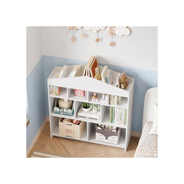 Bibliothèque Enfant 4 Niveaux 9 Cases 100x30x103cm - Rectangulaire - Moderne - Blanc - Chambre denfant - Étagère daccent