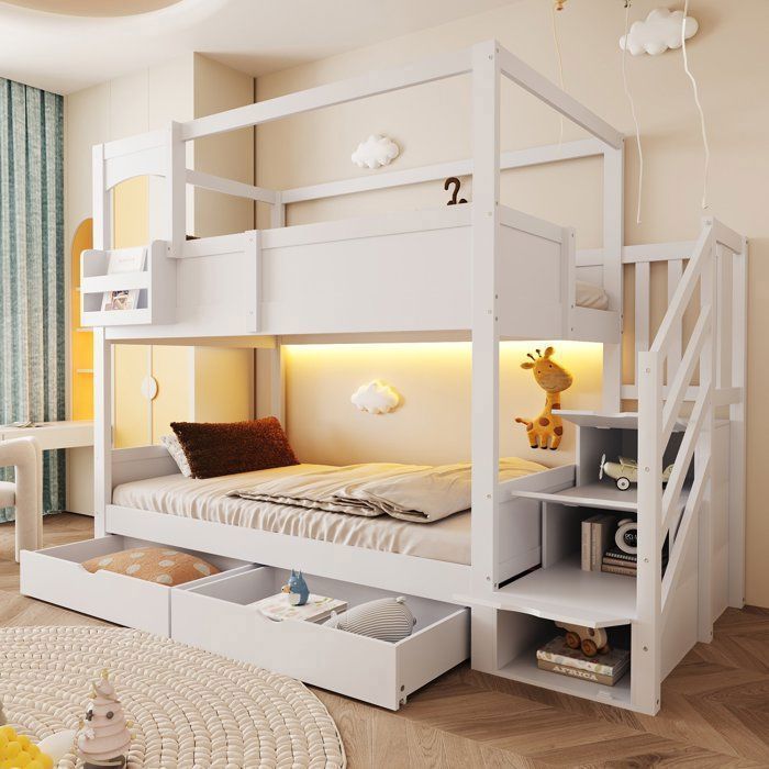 Lit superposé Enfant 90X200 Lit Deux places pour Enfant avec LED RGB Escalier rangement et 5 tiroirs de stockage Lit superposé Enfant 90X200 Lit Deux places pour Enfant avec LED RGB Escalier rangement et 5 tiroirs de stockage
