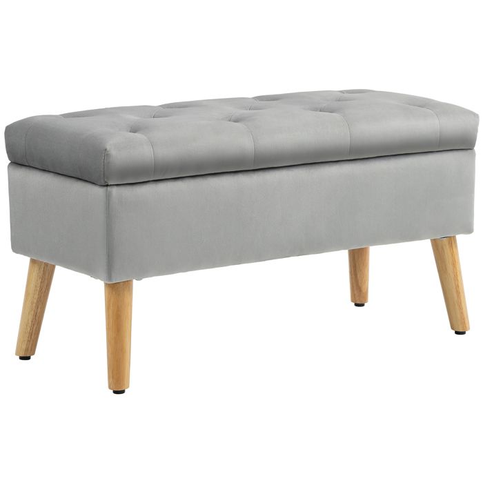 Banc de rangement coffre en tissu effet velours gris pieds en bois 80x35x42 cm charge 120 kg