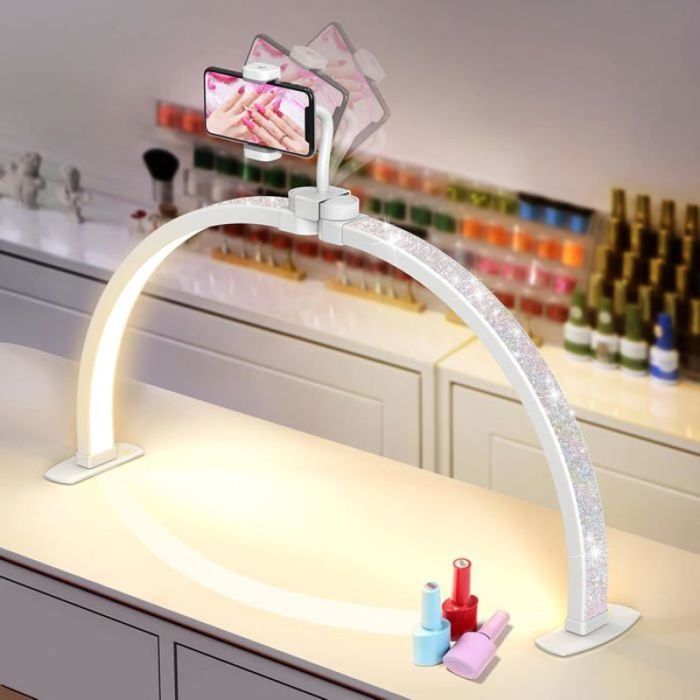 Lampe demi-lune LED 56 cm - 3 modes couleur 10 niveaux luminosité - pliable support téléphone - manucure tatouage - blanc