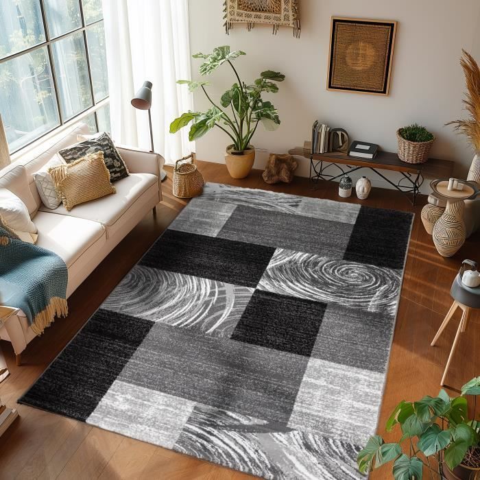 Tapis design moderne salon motif abstrait damier noir gris blanc 