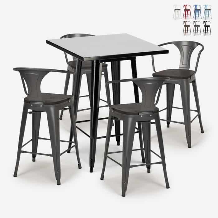 ensemble table haute noire 60x60cm 4 tabourets bois métal tolix bucket wood black - couleur:gris foncé