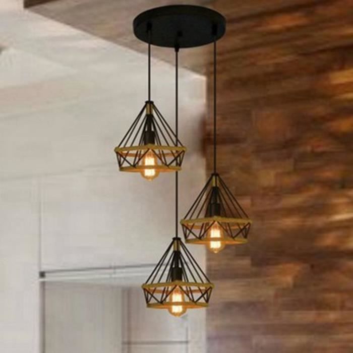 Lustre Suspension Industrielle 3 Luminaire Lampe Cage Diamant en Fer Corde de Chanvre pour Cuisine Salon