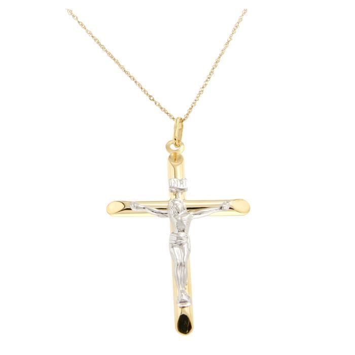 Pendentif Croix Bicolore Avec Jésus En Or 375/1000 + Chaîne Offerte