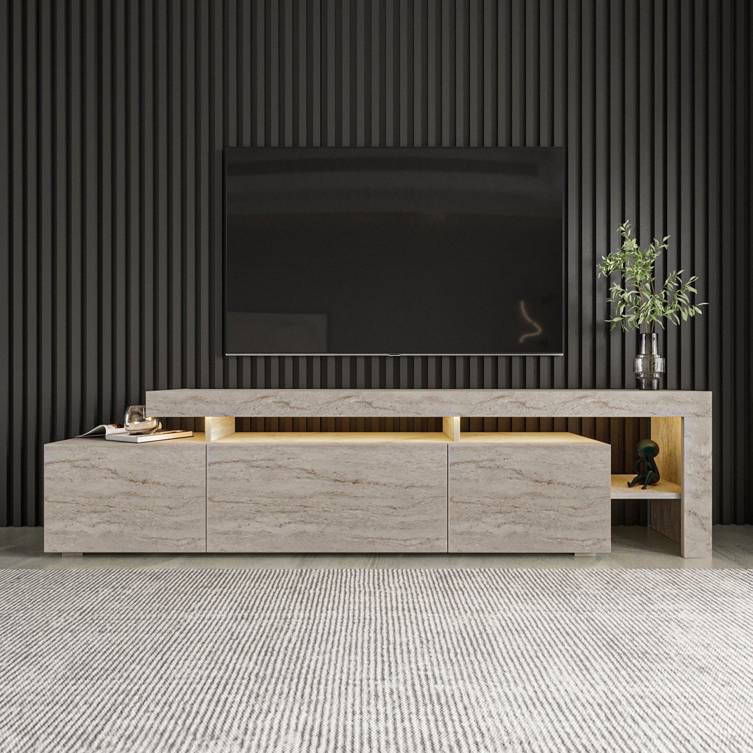 Meuble TV avec éclairage LED - BELIZ - Marbre travertin - 192 x 53 x 37 cm