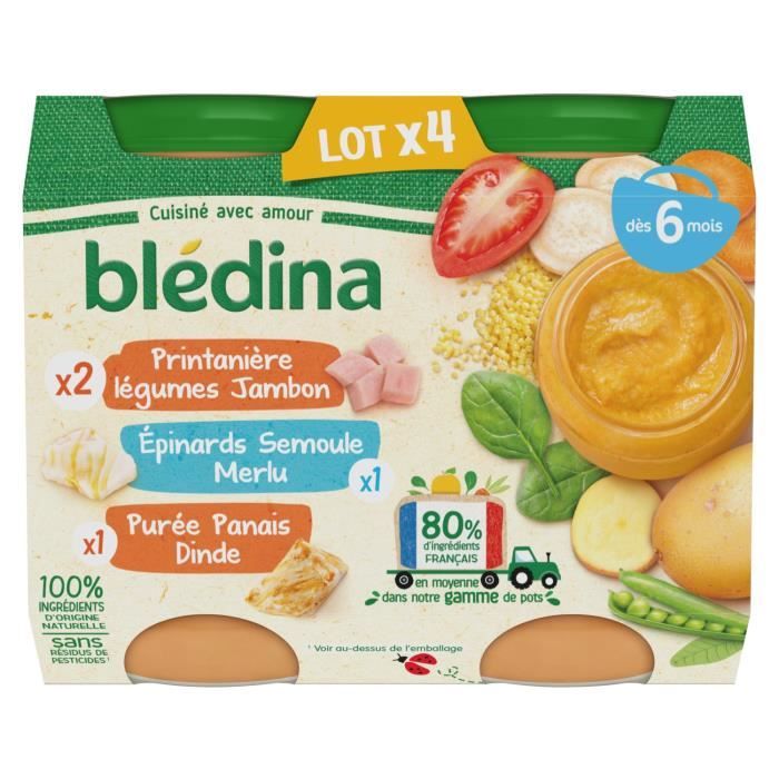 BLEDINA Petits Pots Bébé - Dès 6 mois - Légumes Jambon, Epinard