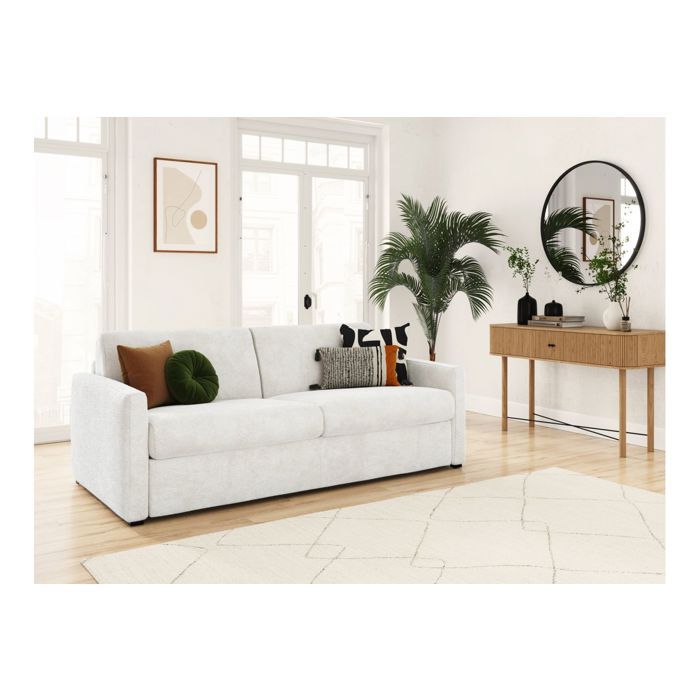 Canapé convertible express 3 places AGATHE en tissu bouclette - Matelas 13cm - Blanc - 140x190cm