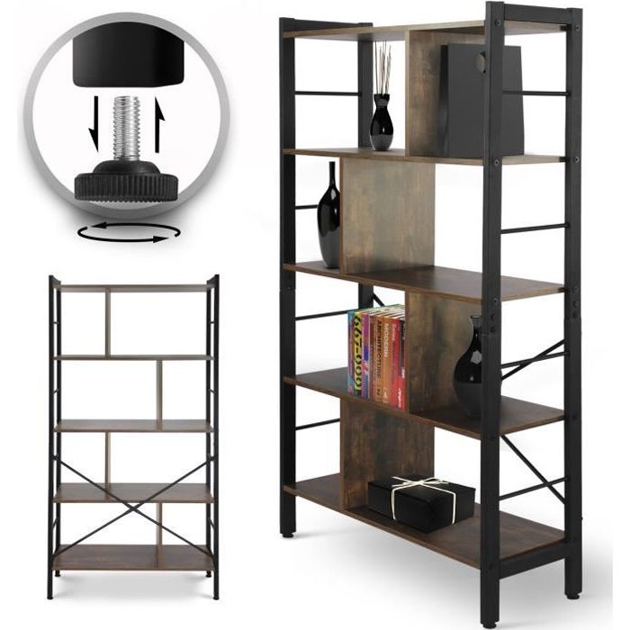 miadomodo® bibliothèque - industrielle, 4 niveaux, 79x30x155 cm, fer, marron rustique - étagères pour livres, meuble de rangement
