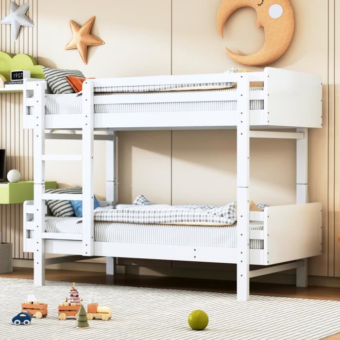 lit superposé pour enfants misnode 90x190cm, lit bébé, cadre de lit en bois massif, convertible en deux lits plateforme, blanc